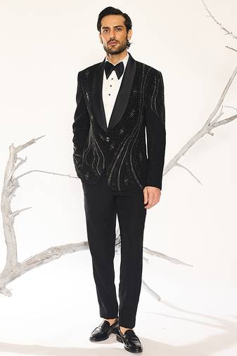 Black embroidered faux cotton tuxedo