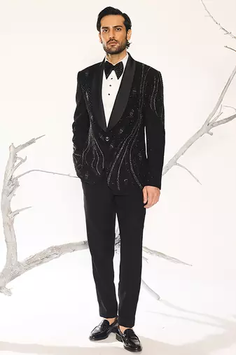 Black embroidered faux cotton tuxedo
