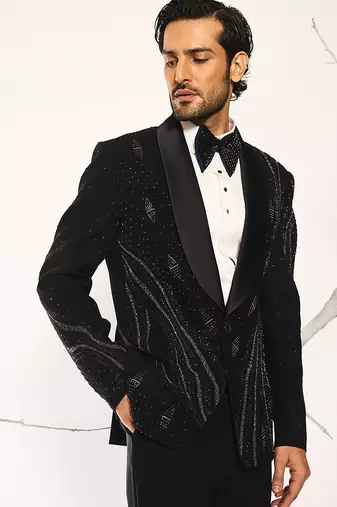 Black embroidered faux cotton tuxedo