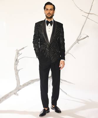 Black embroidered faux cotton tuxedo 1