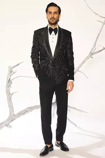 Black embroidered faux cotton tuxedo