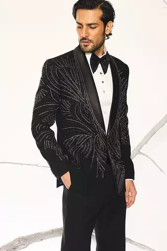 Black embroidered faux cotton tuxedo