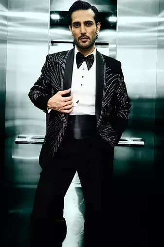 Black embroidered faux cotton tuxedo