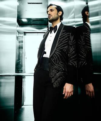 Black embroidered faux cotton tuxedo 4