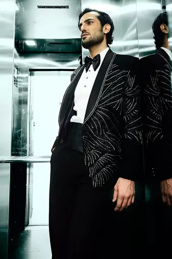 Black embroidered faux cotton tuxedo