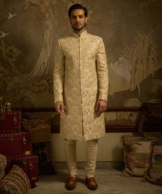 White embroidered silk sherwani 1