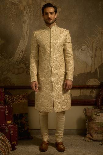 White embroidered silk sherwani