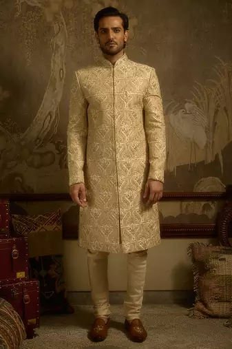 White embroidered silk sherwani
