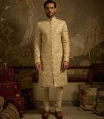 White embroidered silk sherwani