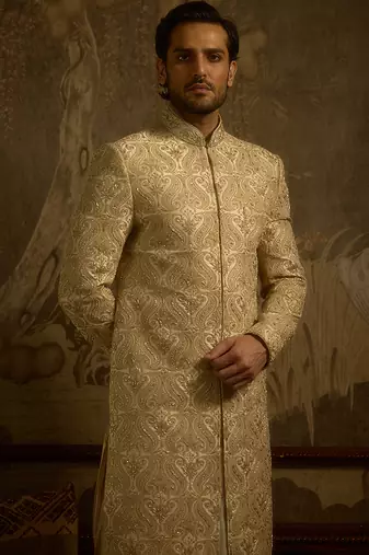 White embroidered silk sherwani