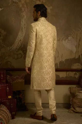 White embroidered silk sherwani