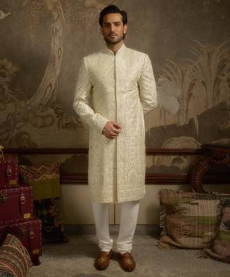 White embroidered silk sherwani 1