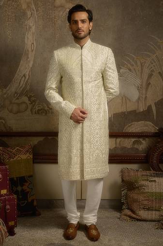 White embroidered silk sherwani