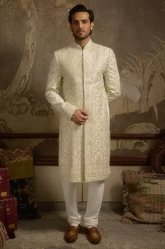 White embroidered silk sherwani