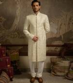 White embroidered silk sherwani