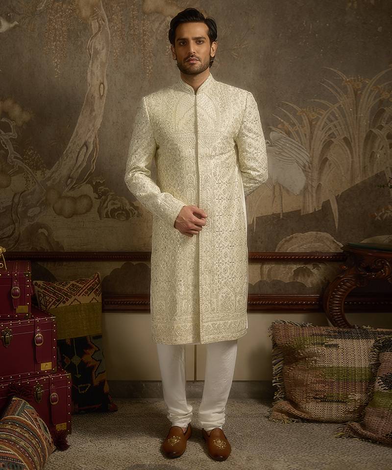 White embroidered silk sherwani