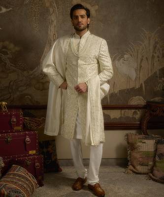 White embroidered silk sherwani 2