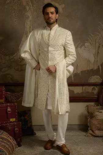 White embroidered silk sherwani