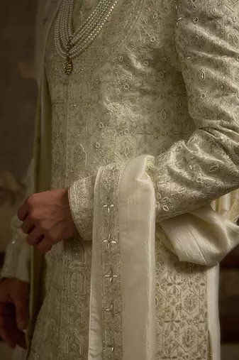 White embroidered silk sherwani