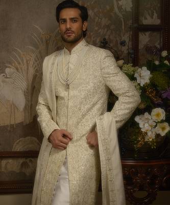 White embroidered silk sherwani 4