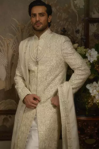 White embroidered silk sherwani