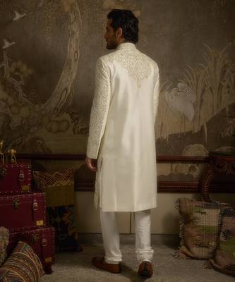 White embroidered silk sherwani 5