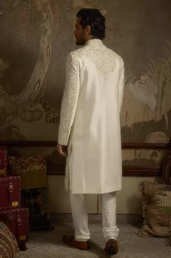 White embroidered silk sherwani