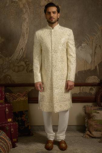 White embroidered silk sherwani
