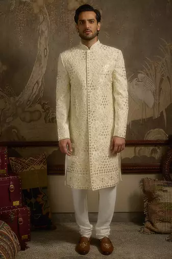 White embroidered silk sherwani