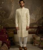 White embroidered silk sherwani
