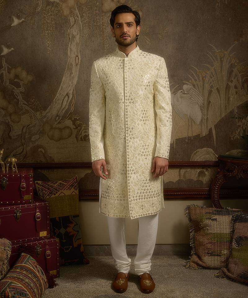 White embroidered silk sherwani