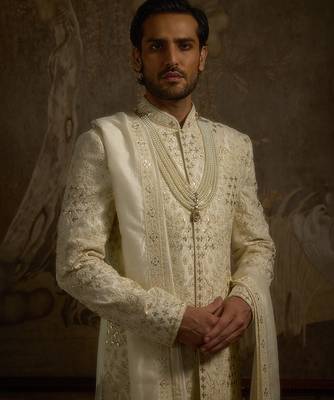White embroidered silk sherwani 2