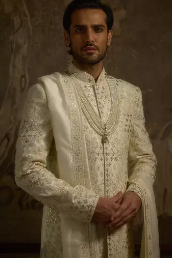 White embroidered silk sherwani