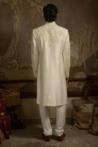 White embroidered silk sherwani