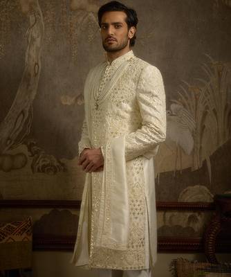White embroidered silk sherwani 4