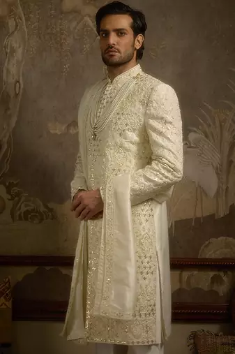 White embroidered silk sherwani