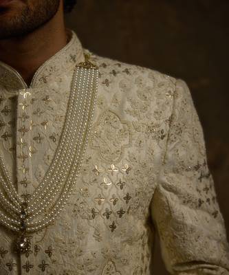 White embroidered silk sherwani 5