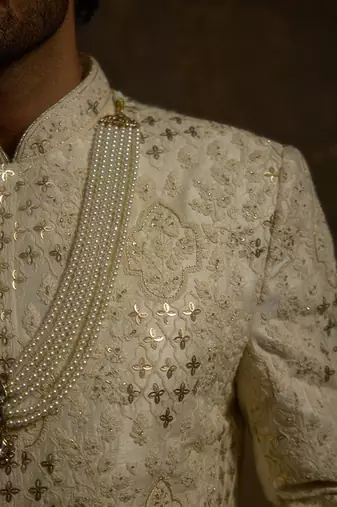 White embroidered silk sherwani