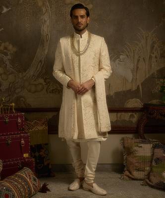 Gold embroidered silk sherwani 1