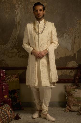 Gold embroidered silk sherwani
