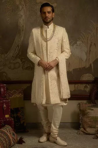 Gold embroidered silk sherwani