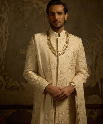 Gold embroidered silk sherwani 5