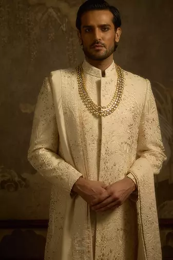 Gold embroidered silk sherwani
