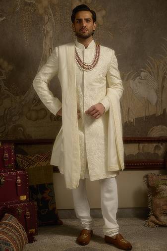 White embroidered silk sherwani