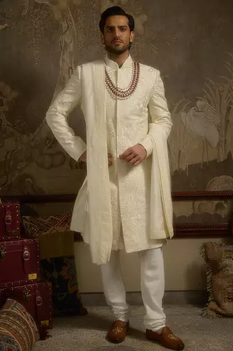 White embroidered silk sherwani