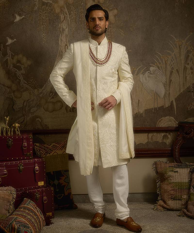 White embroidered silk sherwani