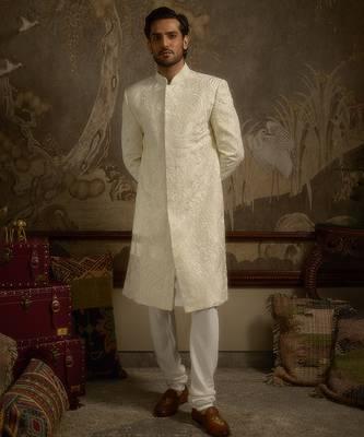 White embroidered silk sherwani 2