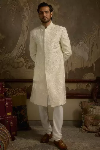White embroidered silk sherwani