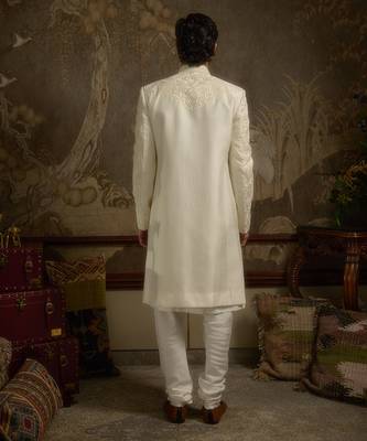 White embroidered silk sherwani 3