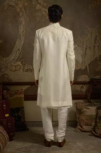 White embroidered silk sherwani